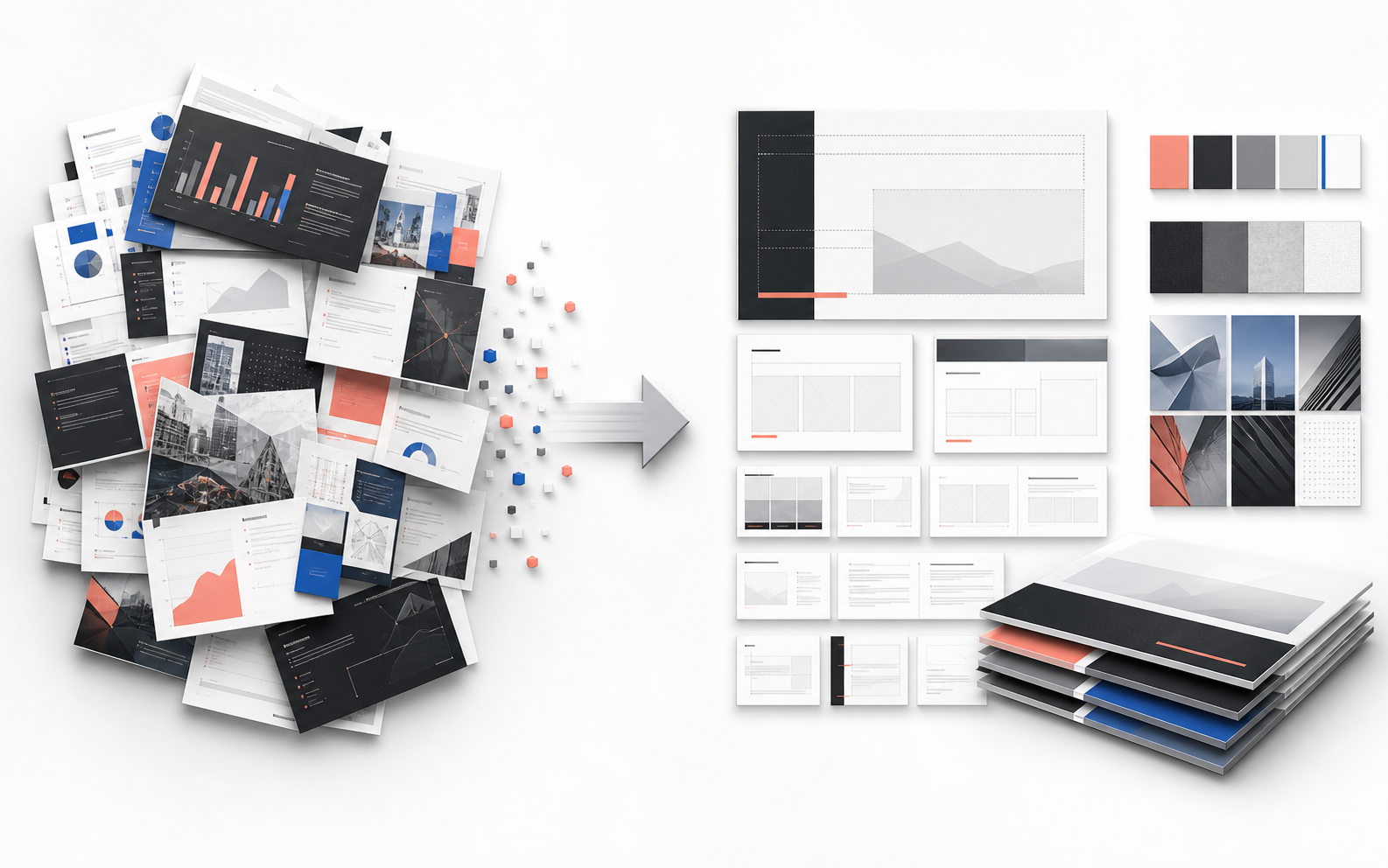 Finished presentation slides organized into a PowerPoint template system with reusable layouts and placeholders.