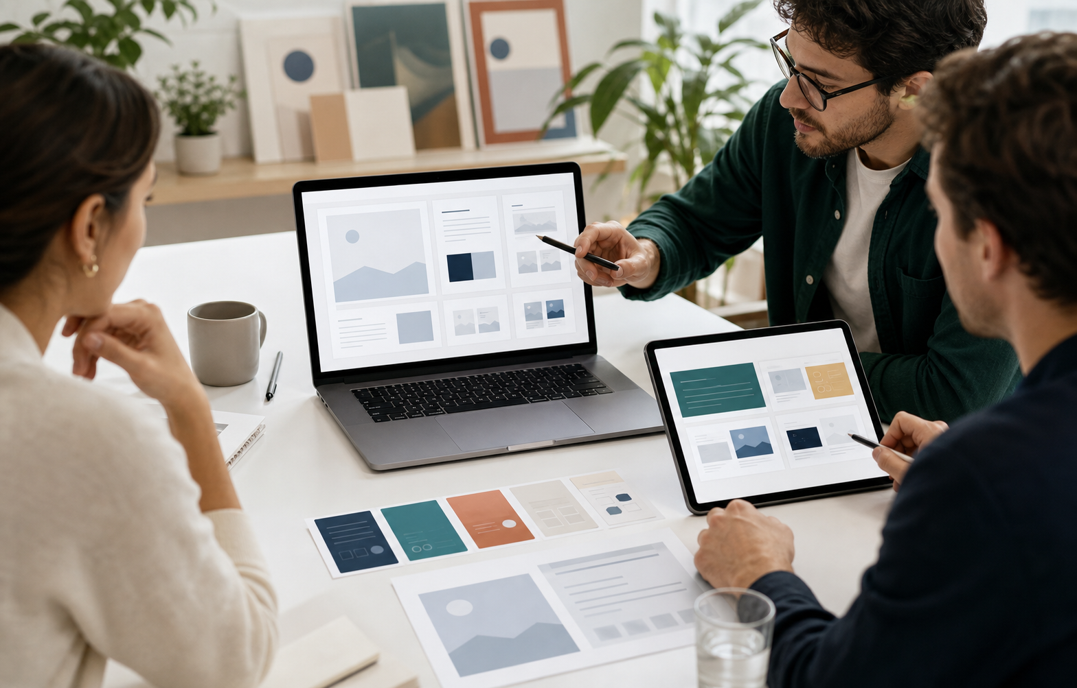 A small team reviewing a reusable presentation template system with consistent slide layouts on a laptop and tablet.